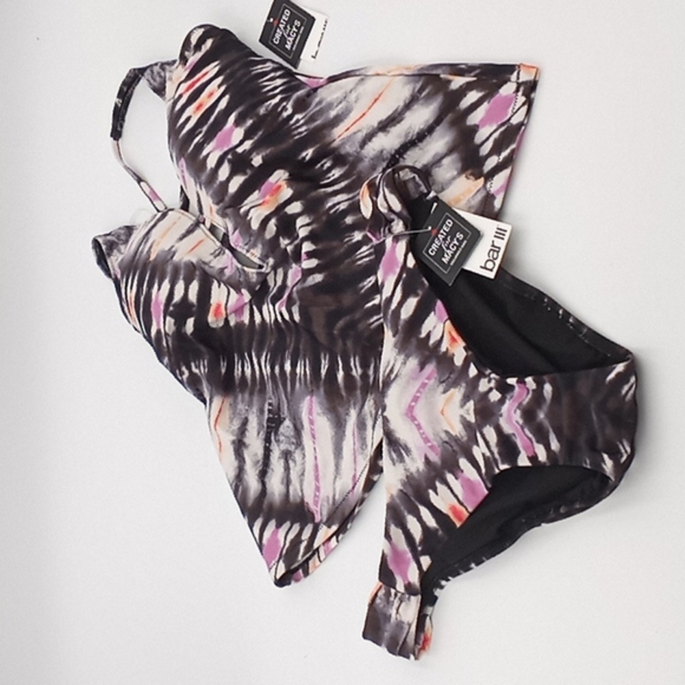 Bar III Ink-Dyed Plunge-Neck Tankini and Hipster Bottom Set Charcoal‎ Gray S